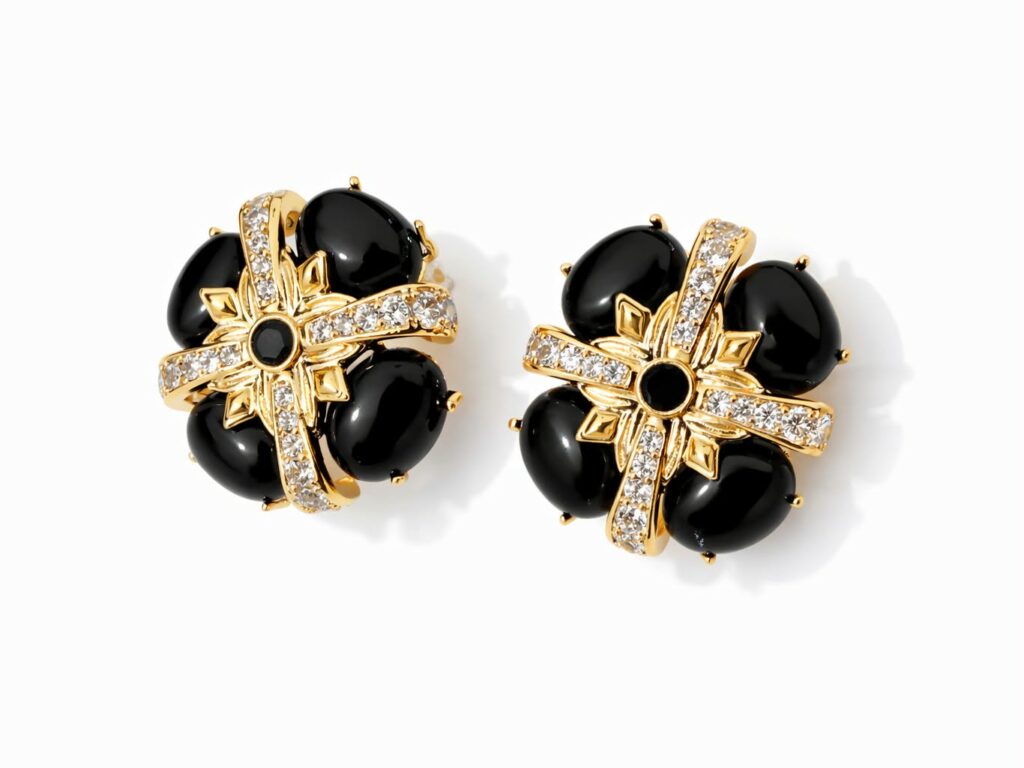 Elegant Gold-Plated Onyx & Zircon Earrings